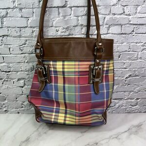 Vintage CHAPS Colorful Plaid Leather Handbag Purse 10" x 11" ✅